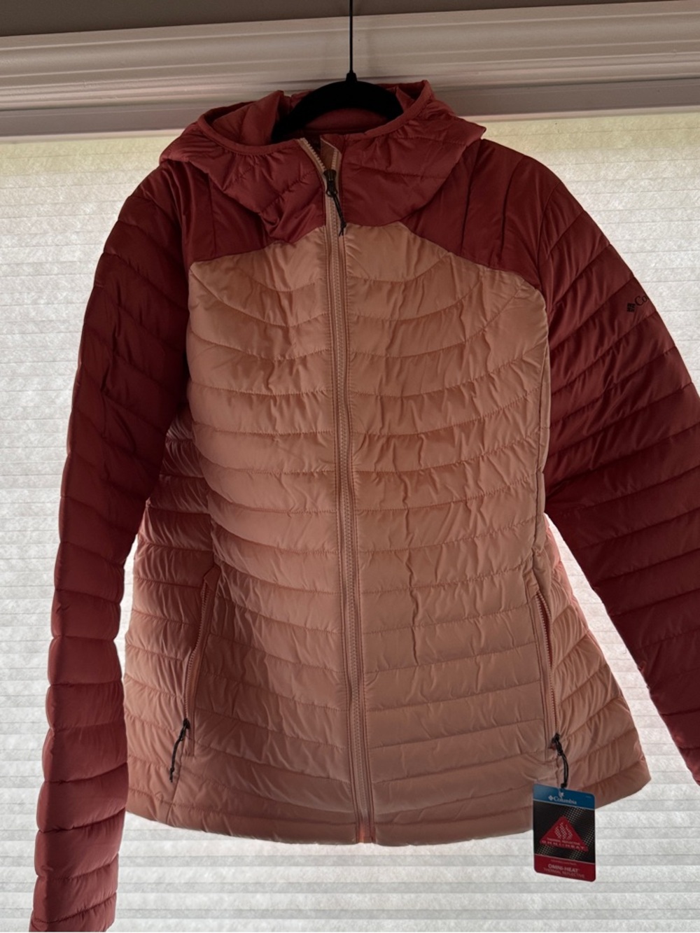 Columbia Two-Tone Hooded Puffer Jacket - Dusty Rose & peach
